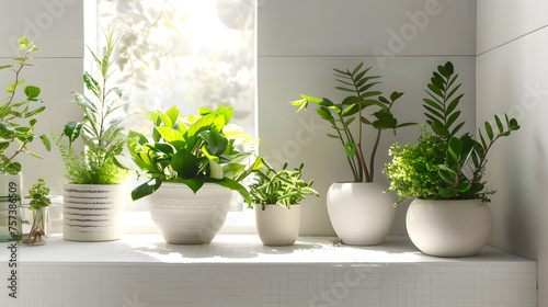 An array of potted green plants on a sunny bathroom windowsill creates a natural and fresh atmosphere