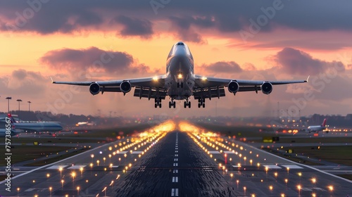 A large jetliner takes off from an airport runway at sunset or dawn.