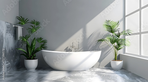 A serene bathroom setting with a modern white bathtub bathed in natural sunlight coming through the large window and shadows of plants