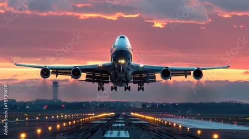 A large jetliner takes off from an airport runway at sunset or dawn.