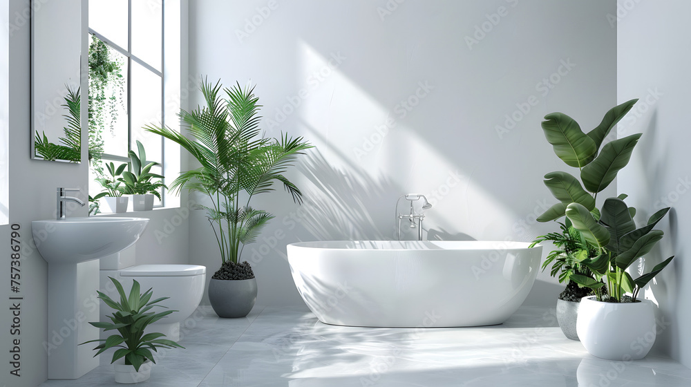 An immaculate, white bathroom focuses on simplicity and sunlight through the window with plants adding a touch of nature An immaculate, white bathroom focuses on simplicity and sunlight through the window with plants adding a touch of nature