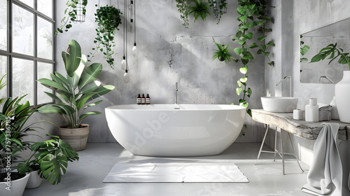 An elegantly designed bathroom showcasing a standalone bathtub  rustic walls  and decorative plants
