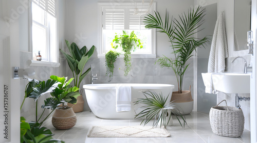 This pristine white bathroom filled with natural elements emits a sense of calm and brightness