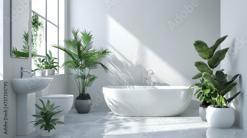 An immaculate  white bathroom focuses on simplicity and sunlight through the window with plants adding a touch of nature