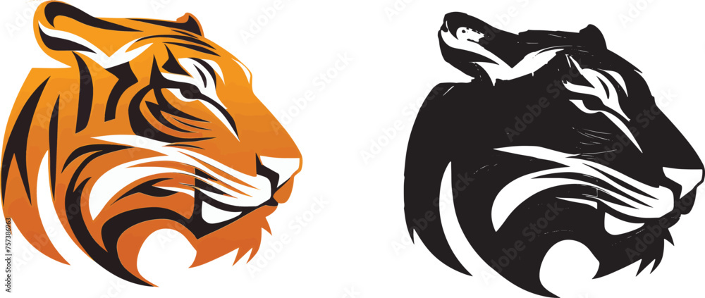 Strong tiger muzzle head color and black monochrome contour logo for t shirt print set vector flat illustration. Strong tiger muzzle head color and black monochrome contour logo for t shirt print set vector flat illustration.