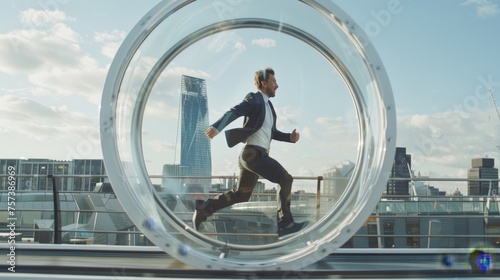 Stressed Businessman in Suit Running in Hamster Wheel Against City Skyline Background, Reflecting the Concept of Corporate Chaos and Overwork