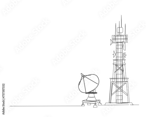 Continuous one line drawing of satellite tower and satellite disc. Communication tower and satellite disc in simple outline illustration. Editable stroke. © madebyDSN