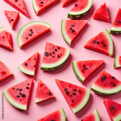 watermelon slices, spaced and open, flat layout, pastel color background 