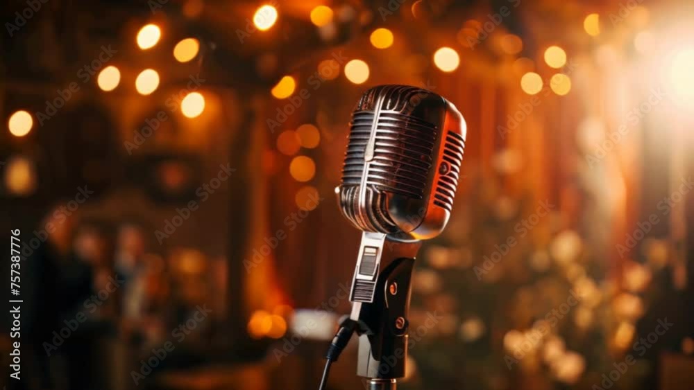A vintage microphone is on stage surrounded by beautiful bokeh lights