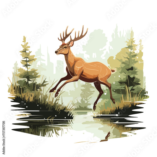 Fototapeta Naklejka Na Ścianę i Meble -  A graceful deer leaping over a stream in a forest