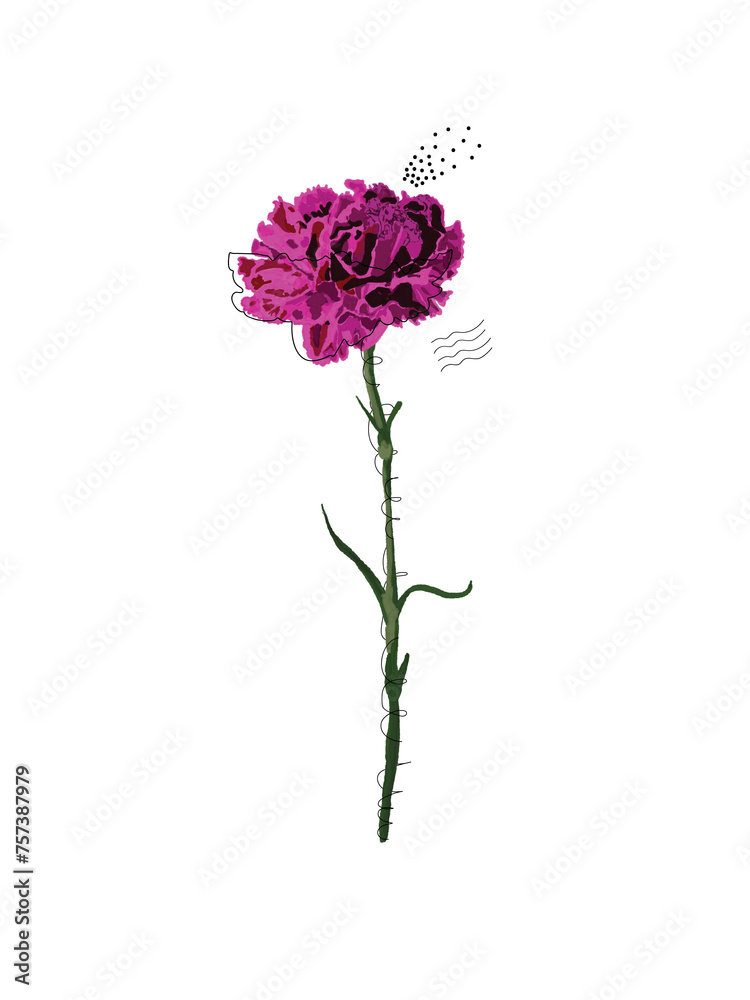 Beautiful purple flower with black elements isolated on white background. Ideal for birthday cards, posters etc.