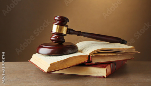 Wooden gavel and books on wooden table, law concept