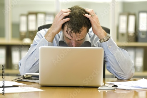 Overwhelmed Businessman in Office Sitting at Desk with Laptop and Piles of Paperwork, Expressing Stress and Frustration Concept