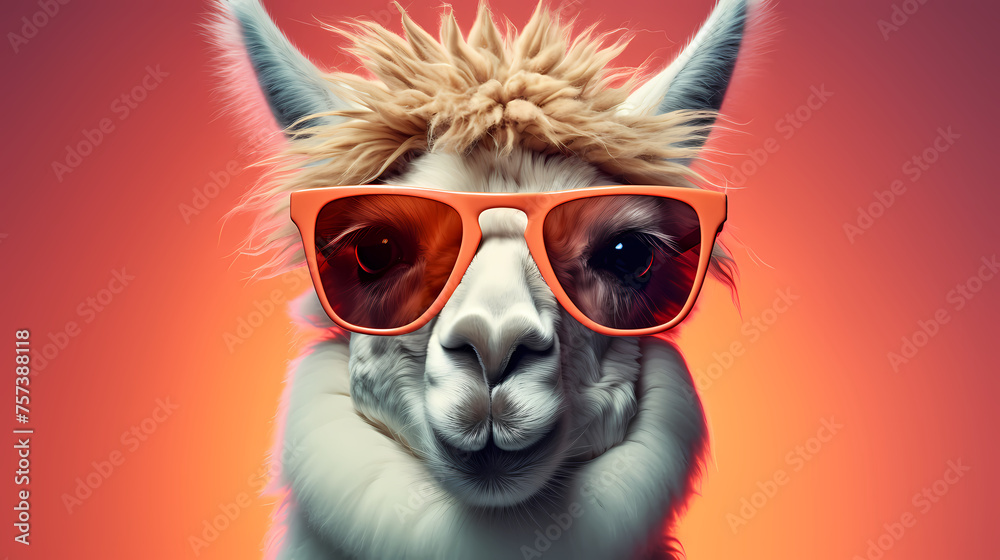 A stylish llama wearing sunglasses against a vibrant background