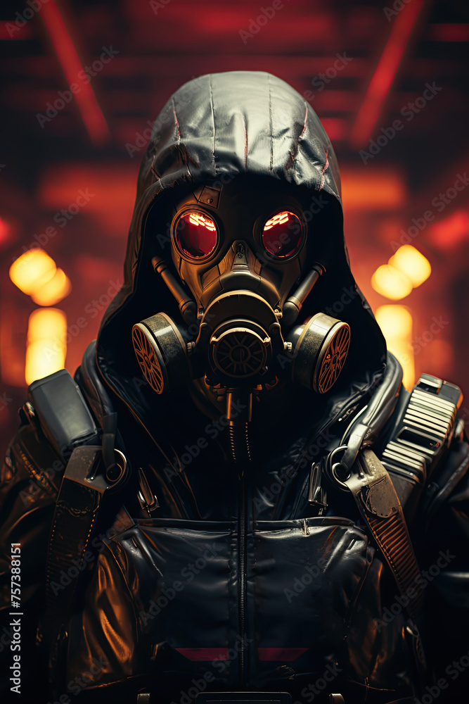 A stalker man in a gas mask,fire in the background Book cover