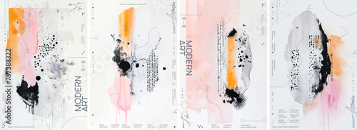 A series of four abstract designs, each featuring soft pastel colors like pink, black, yellow, and white, creating an artistic and modern aesthetic photo