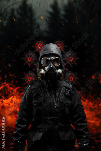A stalker man in a gas mask, against the background of a ruined wasteland. Book Cover