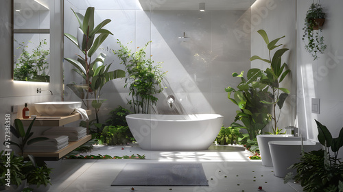 Moodily lit modern bathroom with plants  scattered petals  and serene ambience inviting a relaxing and luxurious bath time
