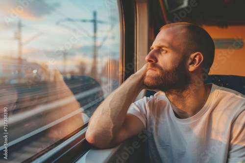 Exhausted Businessman Gazing Out Train Window, Silhouetted by Evening Light and Surrounded by Shadows, Reflecting the Concept of Work Burnout and Contemplation