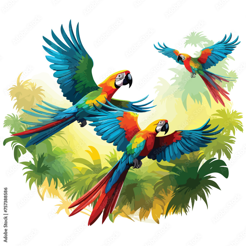 A group of colorful parrots flying through a tropical