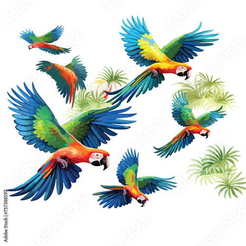 A group of colorful parrots flying through a tropical