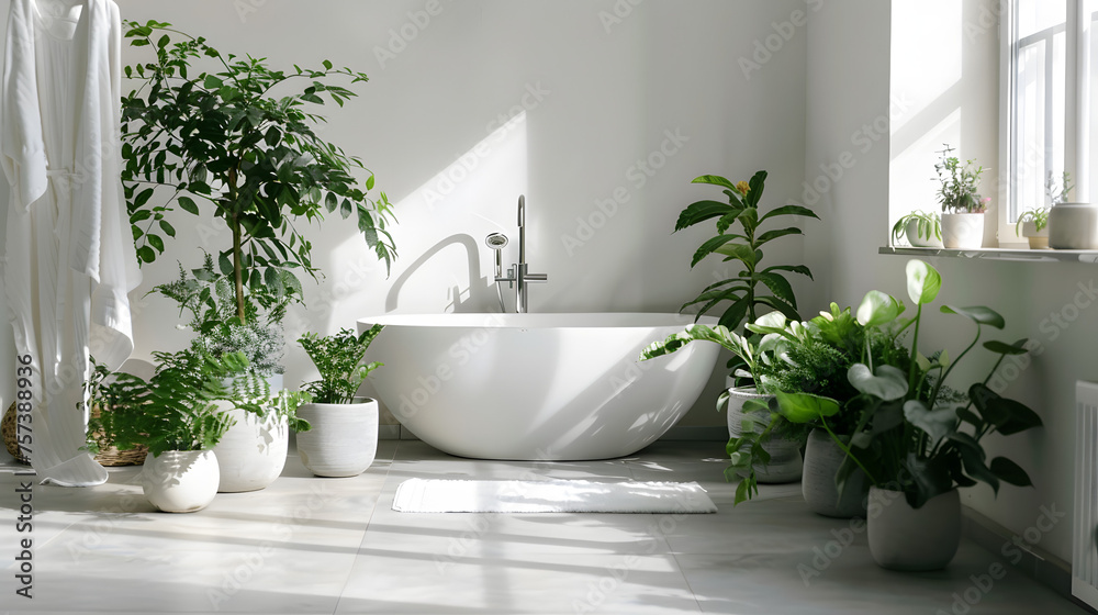 A serene bathroom setting that uses lush greenery for a peaceful, naturalistic ambiance, enhancing the modern white bath fixtures A serene bathroom setting that uses lush greenery for a peaceful, naturalistic ambiance, enhancing the modern white bath fixtures