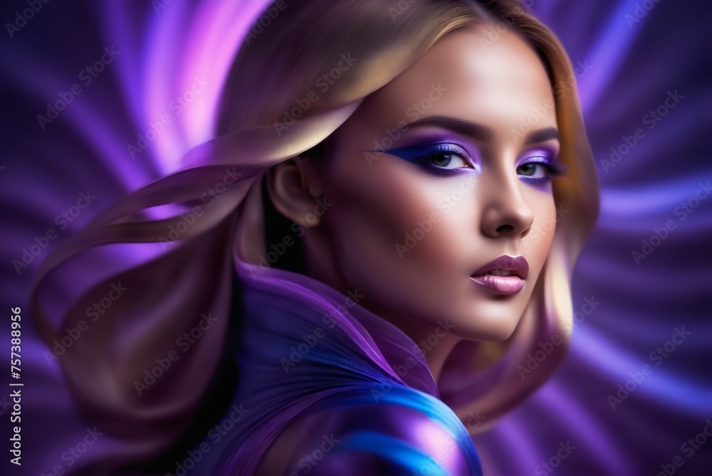 Girl flaunts stylish makeup and hair. Artistic background enhances the allure. Girl flaunts stylish makeup and hair. Artistic background enhances the allure.
