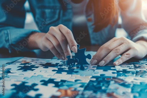 Success and strategy business concept, Close-up hands of woman connecting jigsaw puzzle.