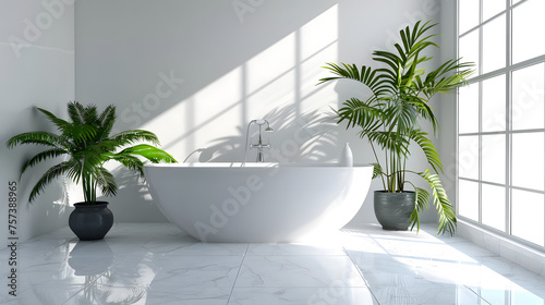 A bathroom featuring a sparkling white tub surrounded by lush greenery  reflecting on a gleaming floor