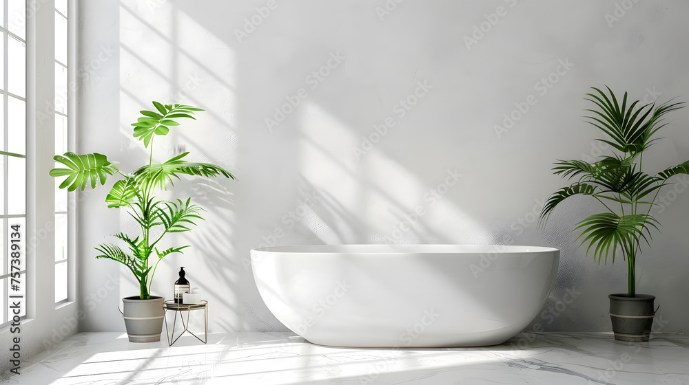 A bright and airy modern bathroom with sunbeams casting beautiful shadows alongside potted green plants and a freestanding tub
