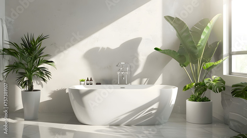 A serene bathroom featuring a modern freestanding bathtub surrounded by lush green plants highlighted by natural sunlight filtering through a window