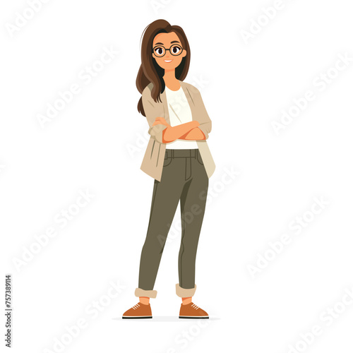 Woman, girl, standing and smiling full-length illustration, flat illustration, user interface illustration, isolated on a white background. 