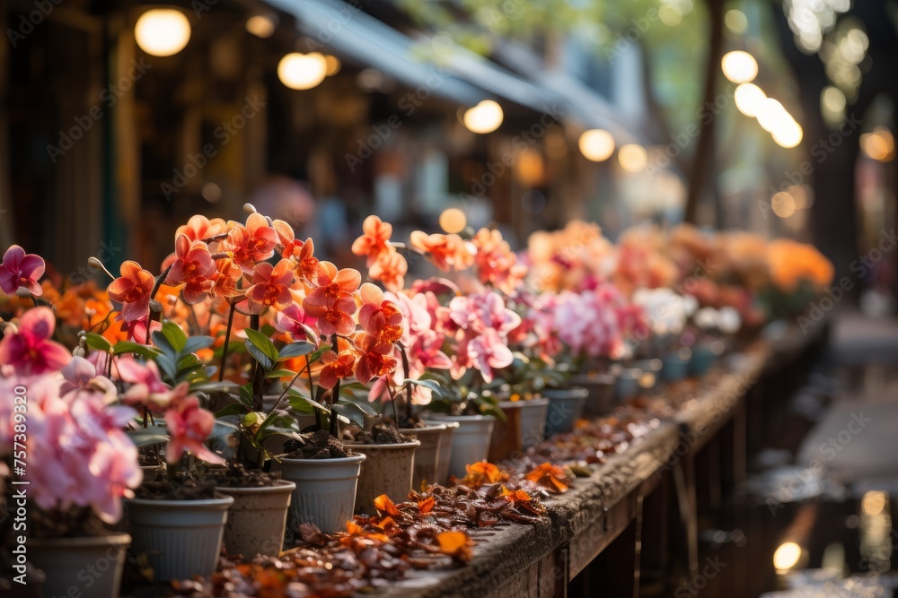 Row of potted flowers on wooden table, perfect for flower arranging