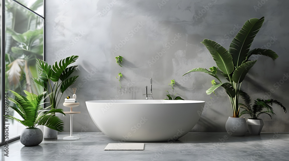 Contemporary bathroom featuring a freestanding tub, textured walls, and green plants enhancing the peaceful ambiance Contemporary bathroom featuring a freestanding tub, textured walls, and green plants enhancing the peaceful ambiance