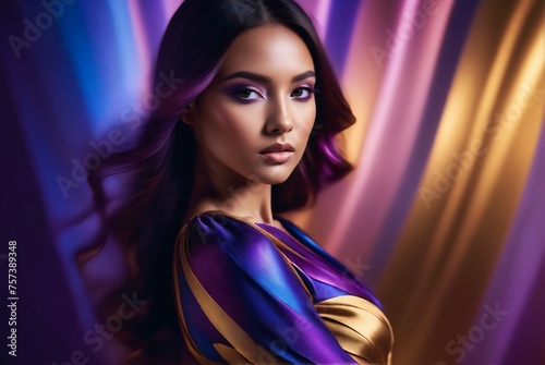 Woman embodies vogue glamour in gold. Beautiful artwork evokes admiration.