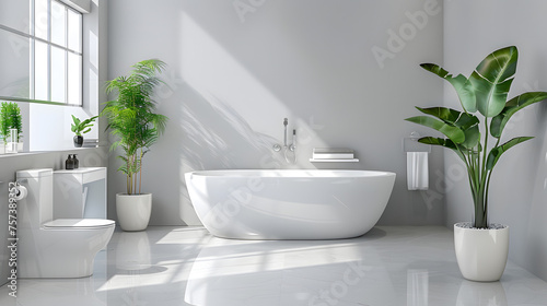 This modern bathroom boasts a sleek and spacious design with a freestanding bathtub  toilet  and large window