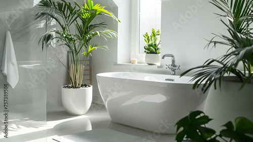 A sun-soaked bathroom featuring a freestanding bathtub  tropical plant accents  and a serene ambiance
