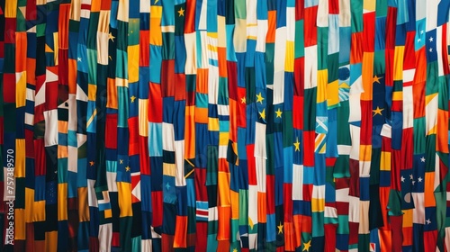 A colorful patchwork of flags and other cloths. Background of many flags representing the Eurovision