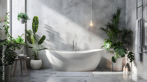 A chic bathroom with unique concrete wall textures  plants  and a white freestanding bathtub under a warm pendant light