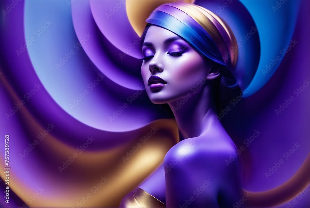 Woman dons vivid makeup, stunning style. Artistic wallpaper complements her charm.