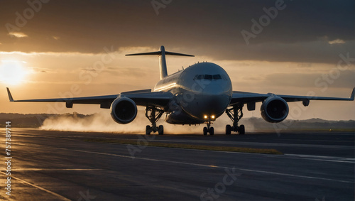 Large Aircraft Soaring from the Runway in the Early Morning Light, Wheels Preparing to Retract.