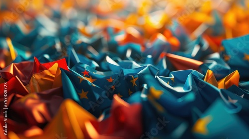 A colorful pile of paper with stars and flags. The colors are bright and the flags are of different sizes