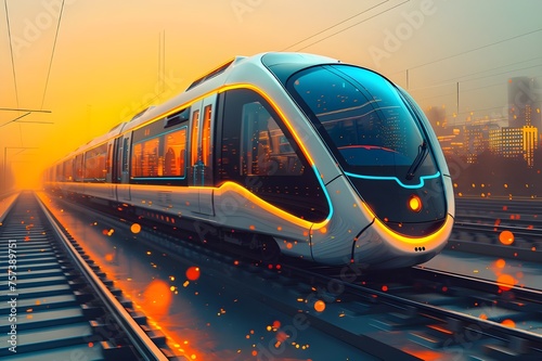 A high-speed train in orange and grey is moving along the track, with a blurry image of a city and the setting sun in the distance.Gorgeous train station with a red, high-speed, contemporary commuter 