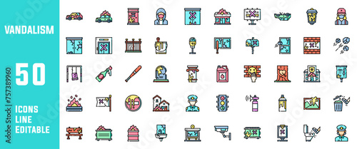 50 Vandalism Icons Set Line Editable Vector Illustration