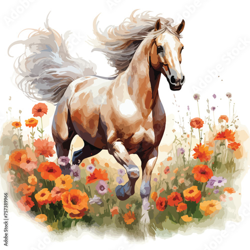 A majestic horse galloping through a field of wildflowers 