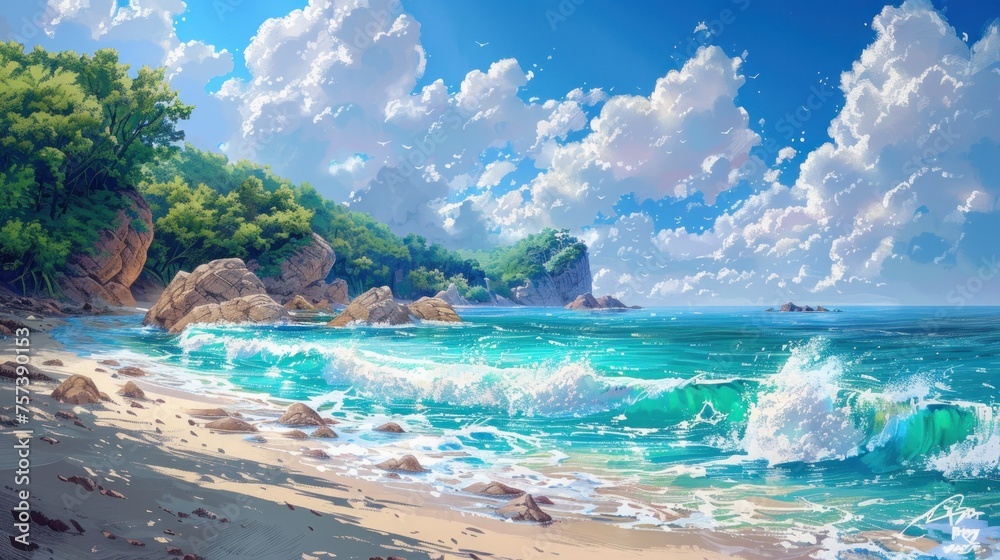 Coastal Serenity Illustrated in Wallpaper