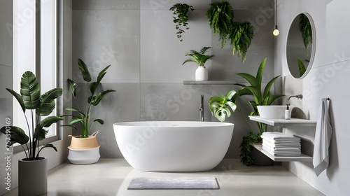 Sunlight streams into a stylish bathroom featuring a modern freestanding tub  green plants  and sleek design elements for peaceful clarity