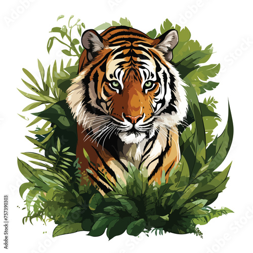 A majestic tiger prowling through dense jungle 