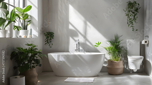 A serene bathroom setting with a freestanding bathtub basked in natural light and surrounded by green houseplants