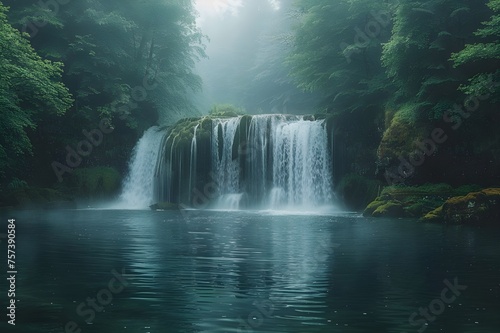 peaceful river meandering in a verdant valley, A computer-generated image of a magical mountain valley with tumbling waterfalls in the middle of a lake surrounded by mountains. A forest waterfall